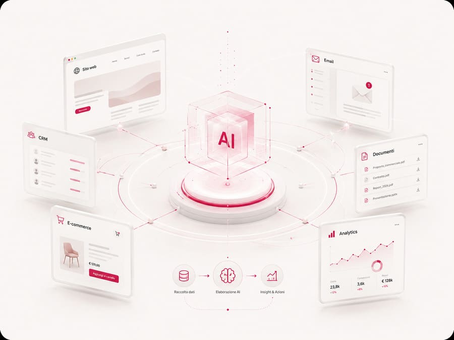 Ecosistema digitale con sito, CRM, e-commerce, email e Intelligenza Artificiale