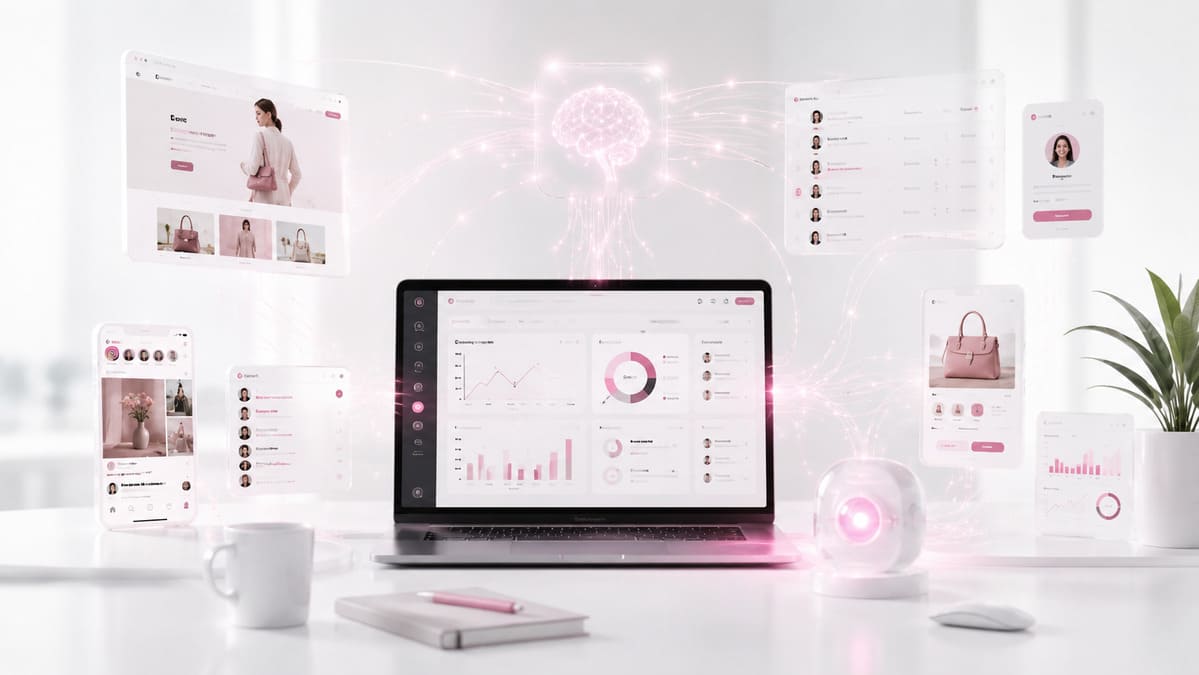 Schema di integrazione tra sito web, CRM, e-commerce, social, dashboard e AI